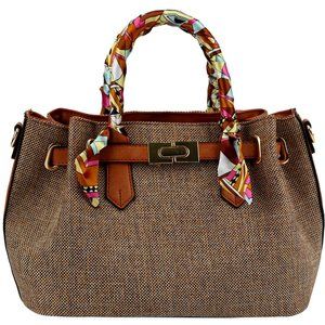 Linen with scarf Handle handbag in Brown